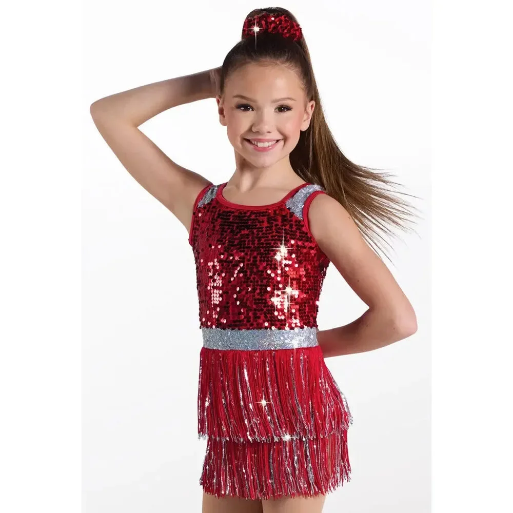 Pre-Owned Dance Costume Weissman 15452 Large Adult Red Fringe Skirt Jazz Sequins